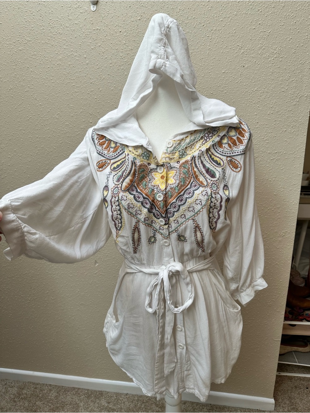 Deja Vu Multicolor Embroidered Button Tie Waist Hooded Mini Dress Boho Size L